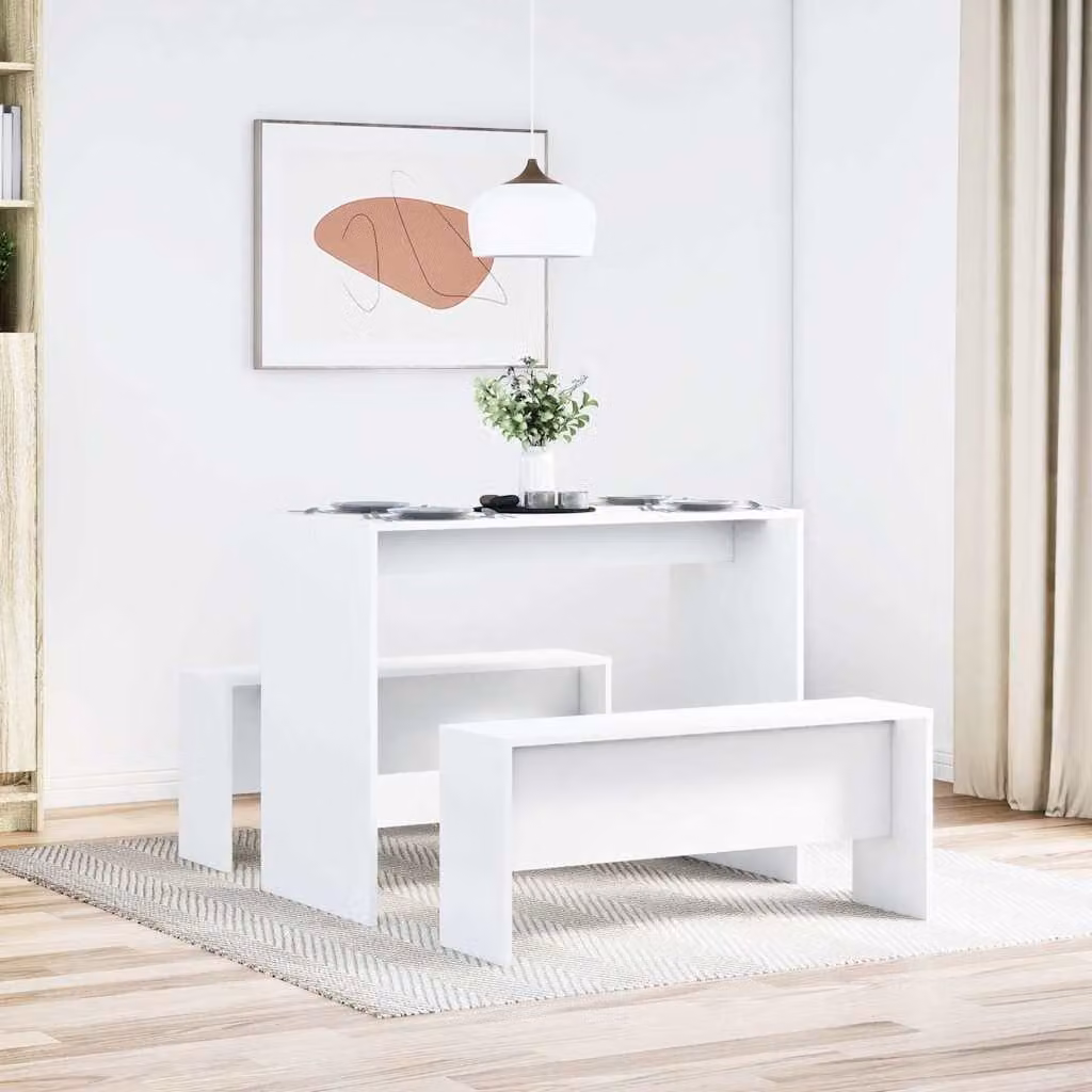Set Tavolo da Pranzo con 3 Panche vidaXL Bianco Moderno in MDF