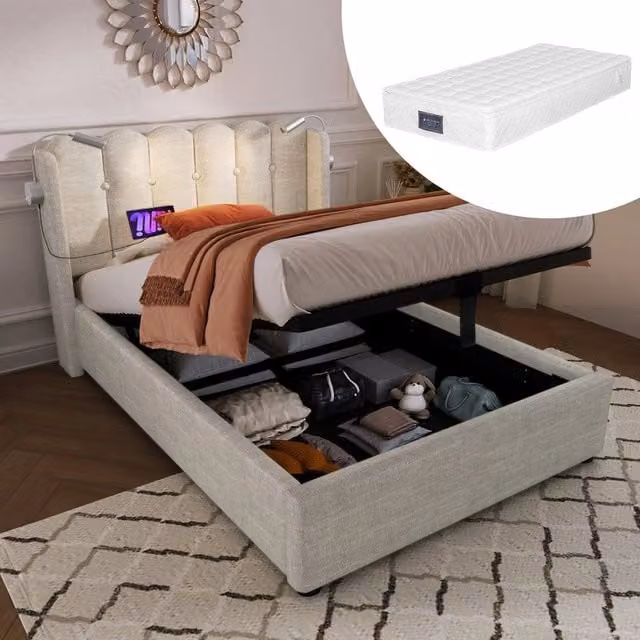 Letto Singolo Imbottito con Testiera LED e Contenitore ¨C MINIMAL ¨C Lino 90x200 con materasso