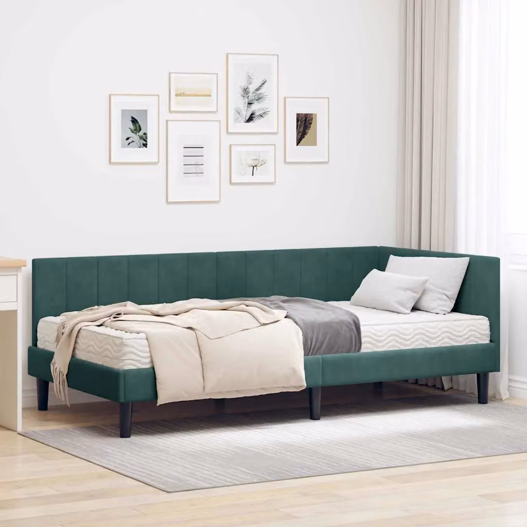 vidaXL Struttura Letto Angolare con 2 Materassi in Schiuma, Rivestimento in Velluto Verde, L/P/H: 100 x 200 x 72 cm – 1
