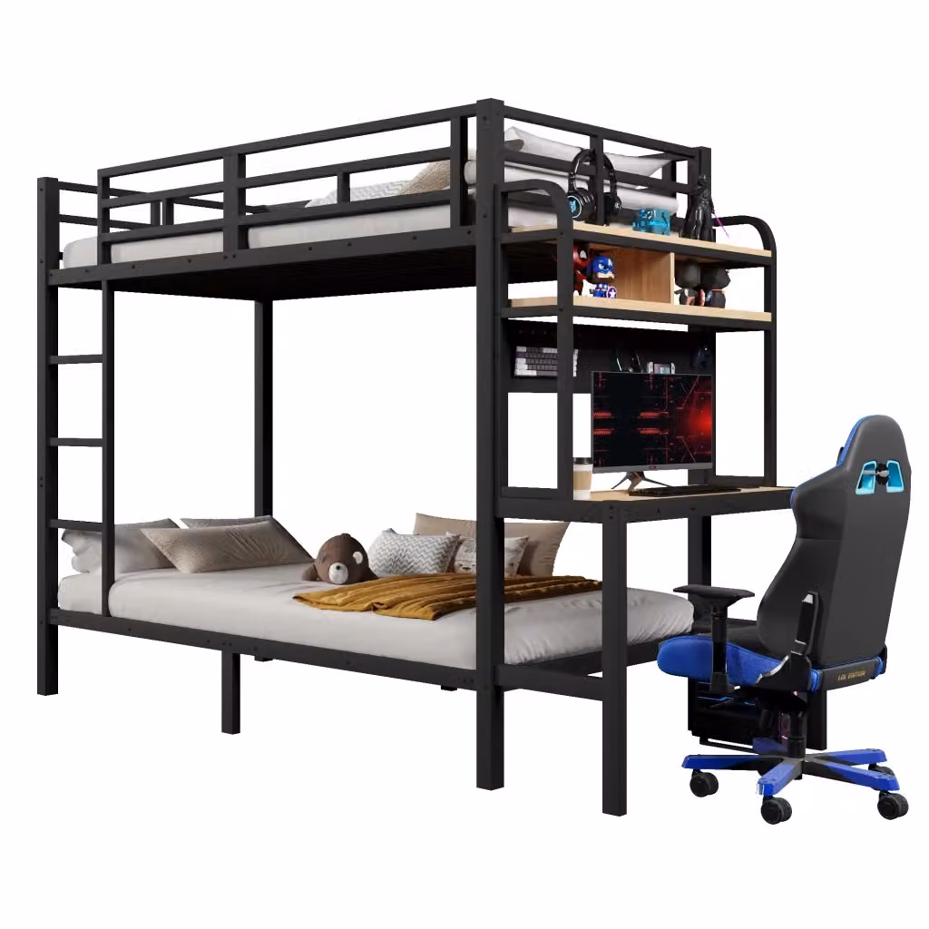 Letto a castello Chicfurn con scrivania, ripiani, illuminazione LED e porta USB, nero, L: 90 cm, P: 200 cm – 2