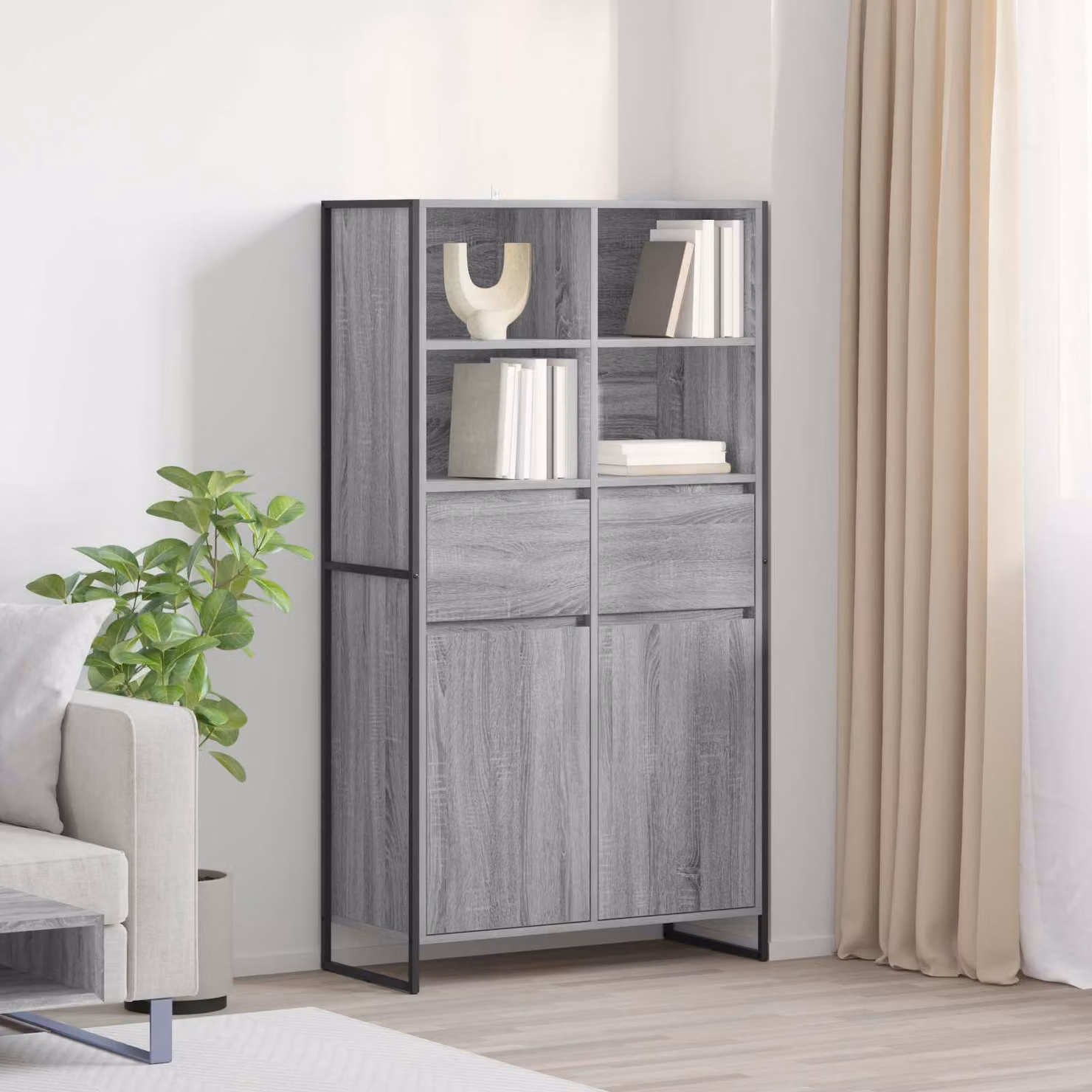 Credenza stile industrial vidaXL in legno e metallo, Grigio, H 150.5 x L 81 x P 36 cm – 1