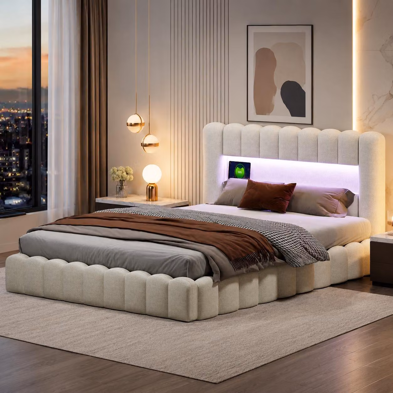 Letto imbottito INONEFT modello Bubble, dimensioni 180x200 cm, con spazio contenitore ad apertura idraulica, letto matrimoniale con illuminazione LED e prese USB, senza materasso, colore: lino, beige