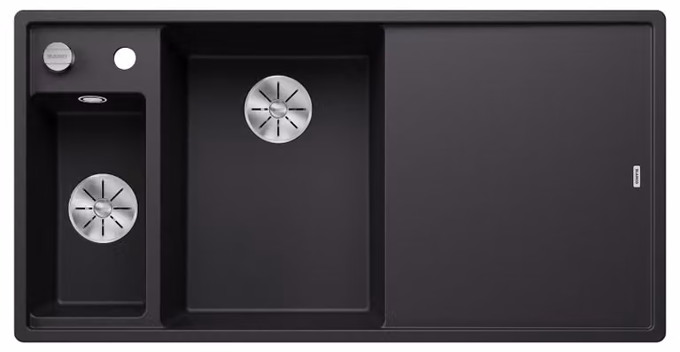 Lavello in granito da 60 cm, con vasca principale a sinistra, dotato di tagliere in vetro, colore nero