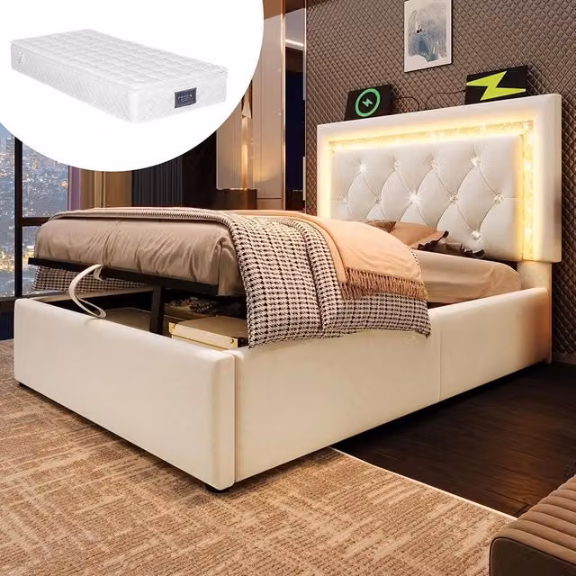 Letto imbottito-Xylo-90x200cm LED diamante USB-C idraulico velluto beige con materasso