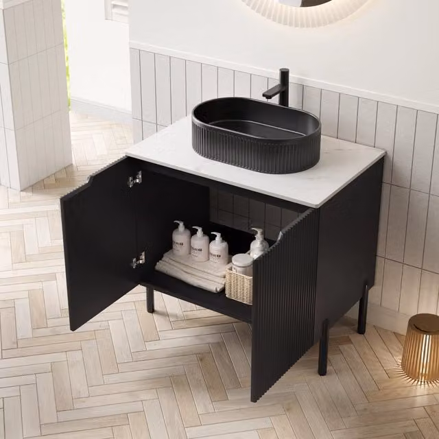 Mobile sottolavabo da bagno con 2 ante e chiusura rallentata, lavabo ovale in ceramica, nero bianco, 76 × 48 × 88 cm