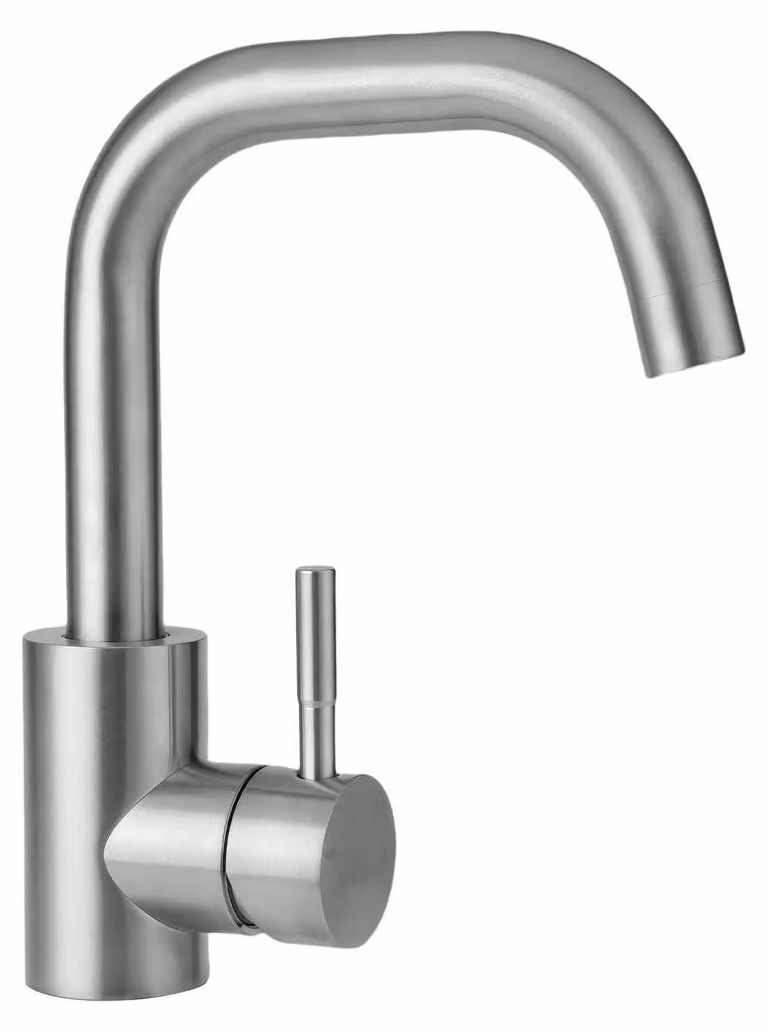 Miscelatore monocomando per lavabo, girevole a 360°, in acciaio inossidabile, colore argento, per cucina o bagno
