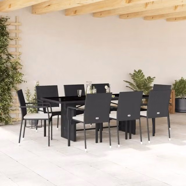 Set da pranzo da giardino vidaXL in polyrattan nero e bianco con piano in vetro, 9 pezzi – 1