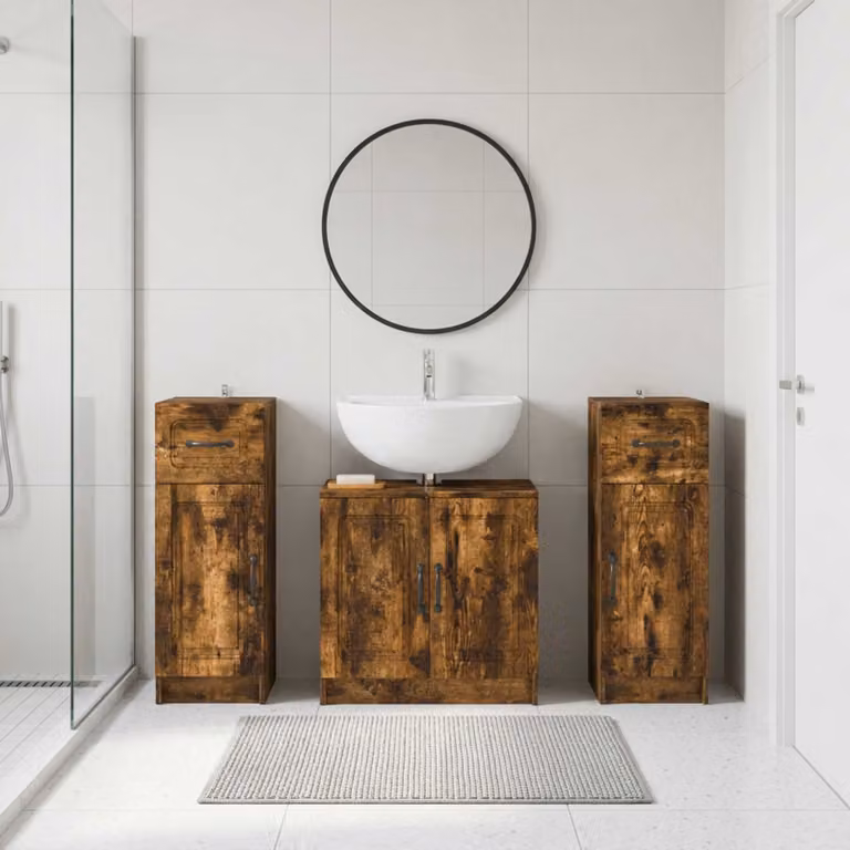 Set di armadietti da bagno vidaXL UTRECHT in 3 pezzi, Rovere Fumo, design minimalista con ante a cerniera e ripiani interni