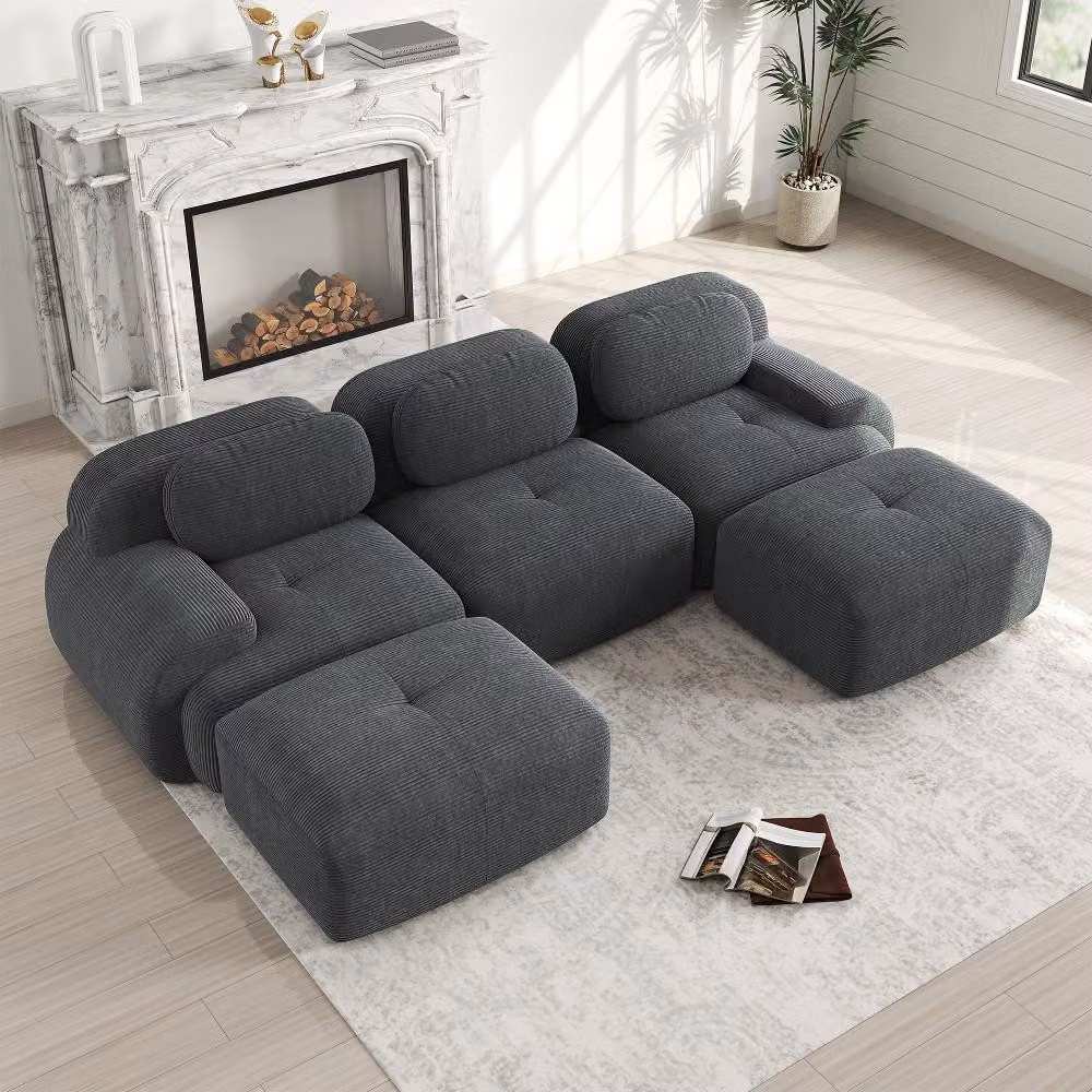 Divano angolare modulare grigio in tessuto corduroy, divano d'angolo senza struttura con imbottitura 32D, divano da assemblare senza montaggio, adatto agli animali domestici, dimensioni 298x178x70 cm