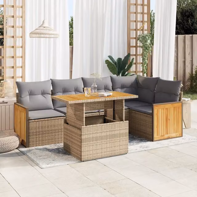 Set Divano da Giardino 6 pz con Cuscini Beige Polyrattan Acacia 3327713