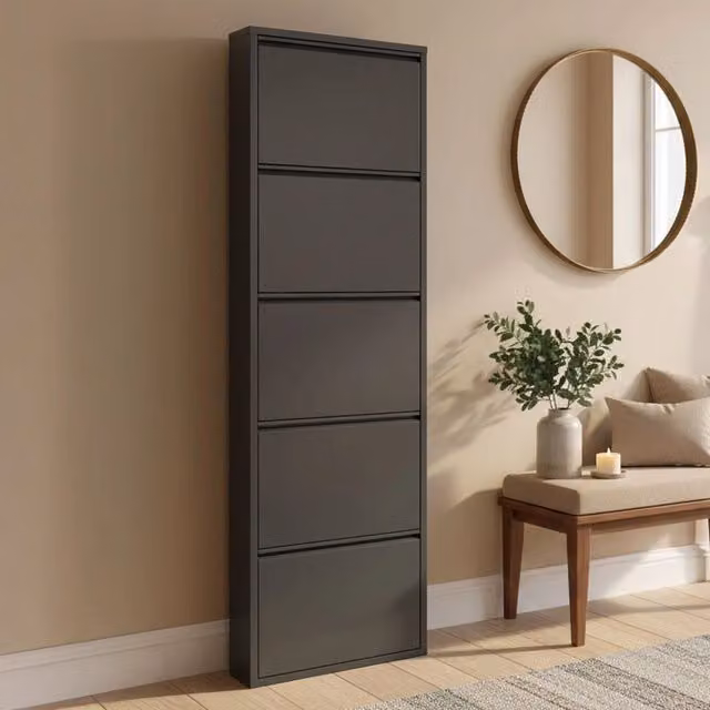 Scarpiera Afrend DMORA in metallo nero opaco, mobile porta scarpe moderno da parete per ingresso, L: 50 cm, P: 15 cm, H: 172 cm – 1
