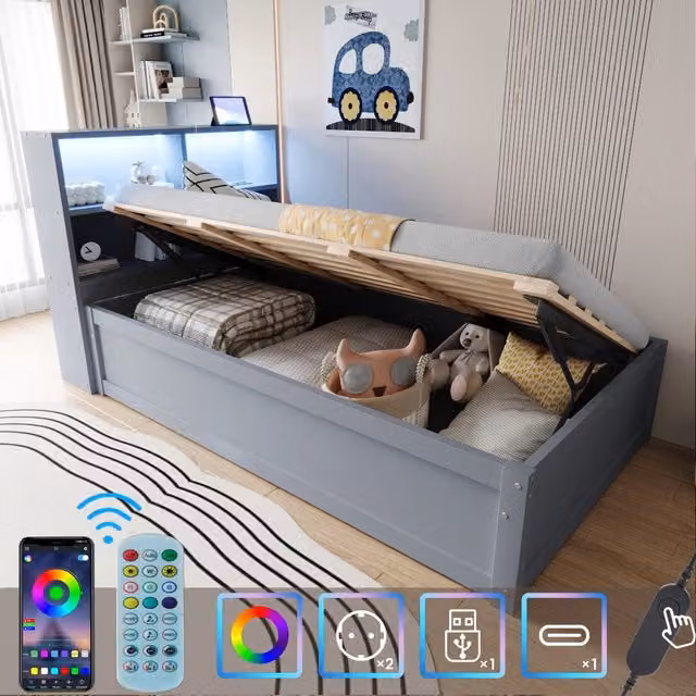 Letto Multifunzionale REDOM in Legno Grigio con Prese USB, Illuminazione LED e 4 Vani Contenitori, L/P/H: 220.5 x 90 x 82 cm – 1