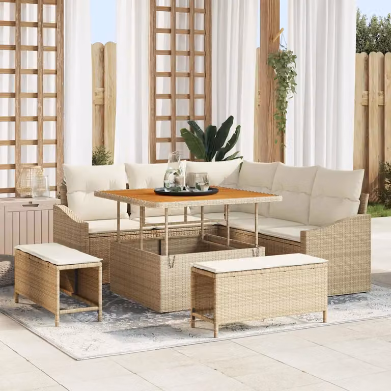 Set Divano da Giardino a L vidaXL in Polyrattan Beige con Cuscini e Tavolino da Esterno