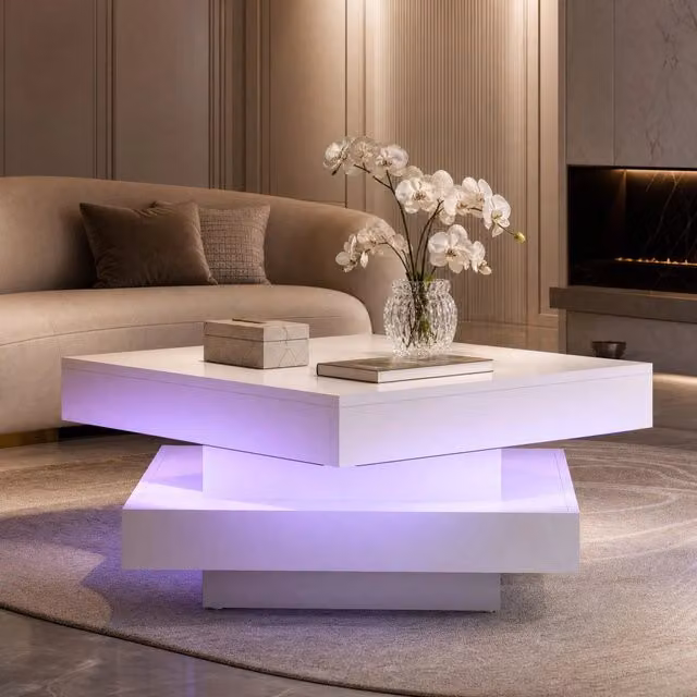 Tavolino da caffè bianco lucido quadrato con piano girevole a 360° e luce LED, 70x70x36 cm