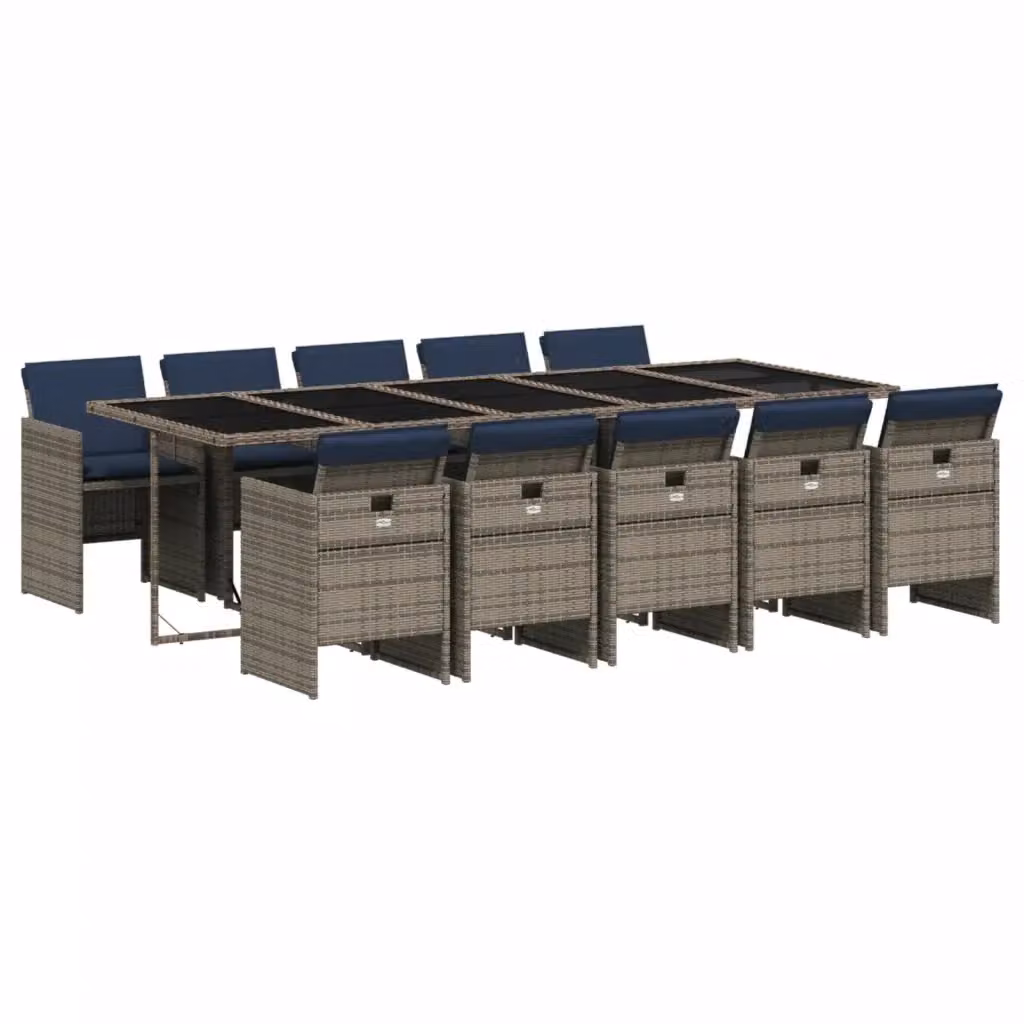 Set da pranzo da giardino vidaXL in polyrattan grigio con cuscini blu e piano in vetro per 11 persone – 2