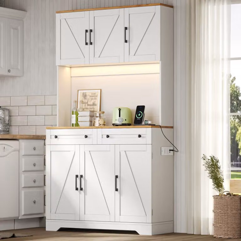 Armadio da cucina con illuminazione a LED e prese, mobile contenitore alto con ripiano sulla porta, credenza per soggiorno e sala da pranzo, colore bianco