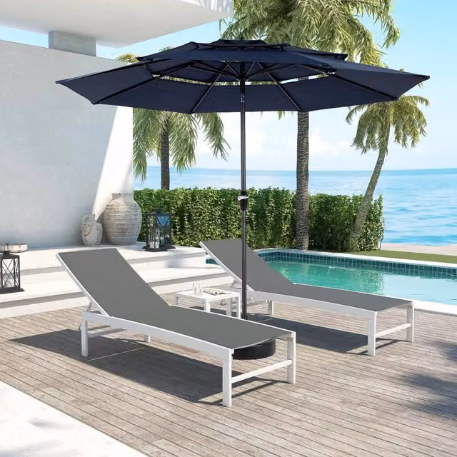 Ombrellone da esterno in alluminio, diametro 3 m, 3 livelli, inclinazione automatica, blu navy. Base non inclusa.