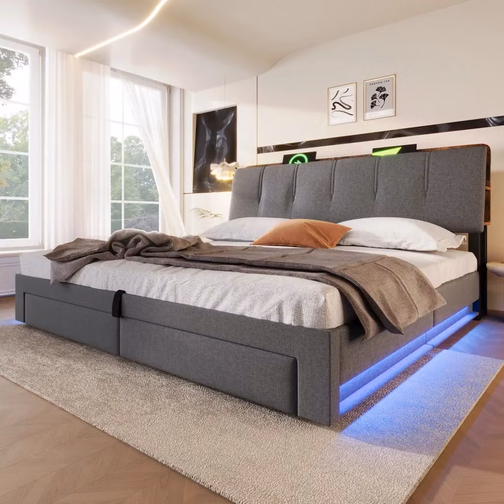 Letto Contenitore REDOM in Lino Grigio con Illuminazione LED e Porte USB, L/P/H: 180 x 200 x 107 cm, 182 x 200 x 217 cm – 2