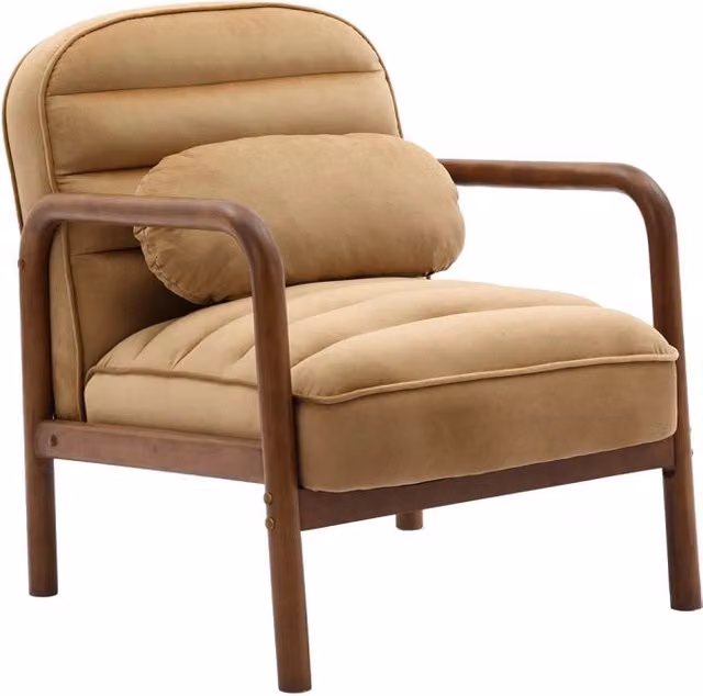 Poltrona scandinava Sweeek in legno di hevea tinto noce e velluto beige con braccioli – 1