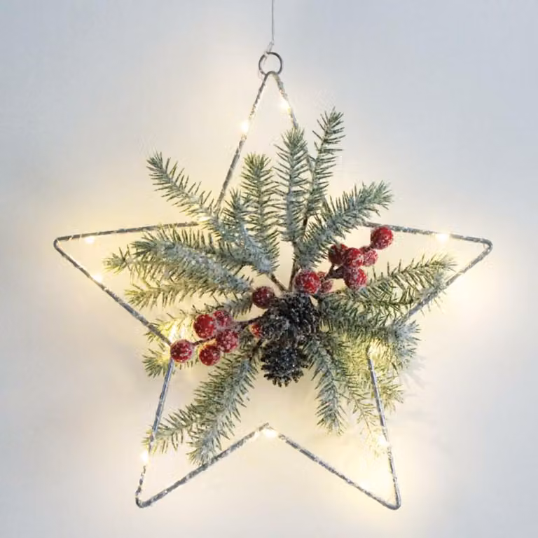 ACA Lighting stella decorativa appesa 15 MINI LED WW argento rame batteria 3xAA IP20 30x30cm, 30cm cavo di alimentazione trasparente X09151104