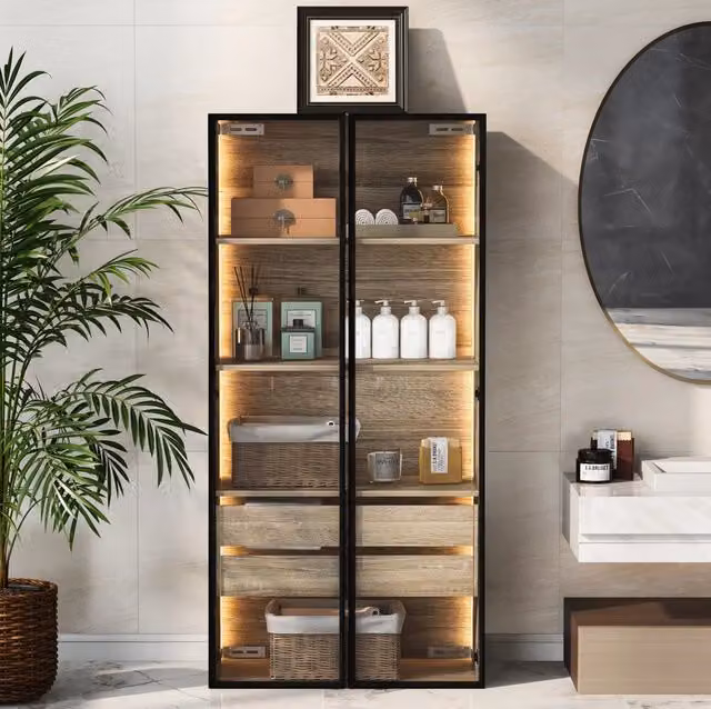 Mobile contenitore in MDF con ante in vetro satinato; cassetti; LED e montaggio a parete o a pavimento