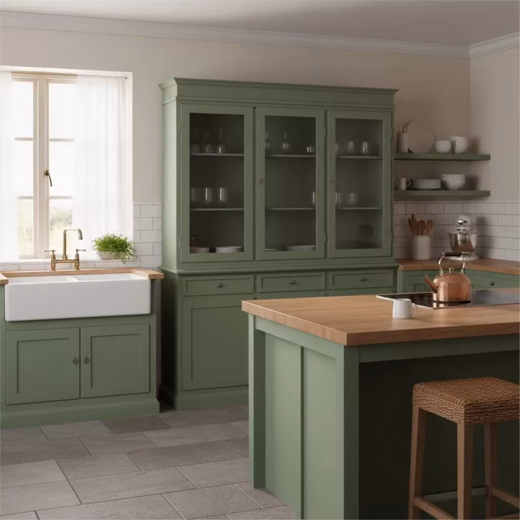 Cristalliera in legno di pino stile arte povera con 3 ante in vetro e 3 cassetti verde salvia Mobili 2G L/P/H: 156 x 42 x 205 cm – 2