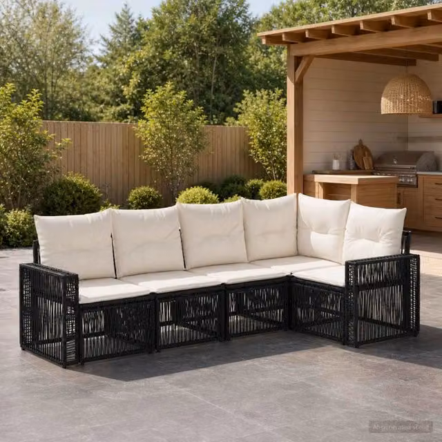 Set Divano da Giardino 5 pz Nero e Bianco Crema polyrattan 3435121