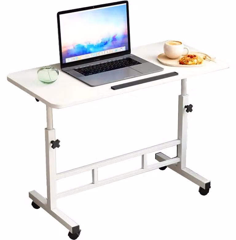 Tavolino portatile per laptop - Tavolino per computer con rotelle - Regolabile in altezza - Tavolino da divano e tavolino ausiliario - Con rotelle - Struttura in metallo - 60x40 cm - Bianco