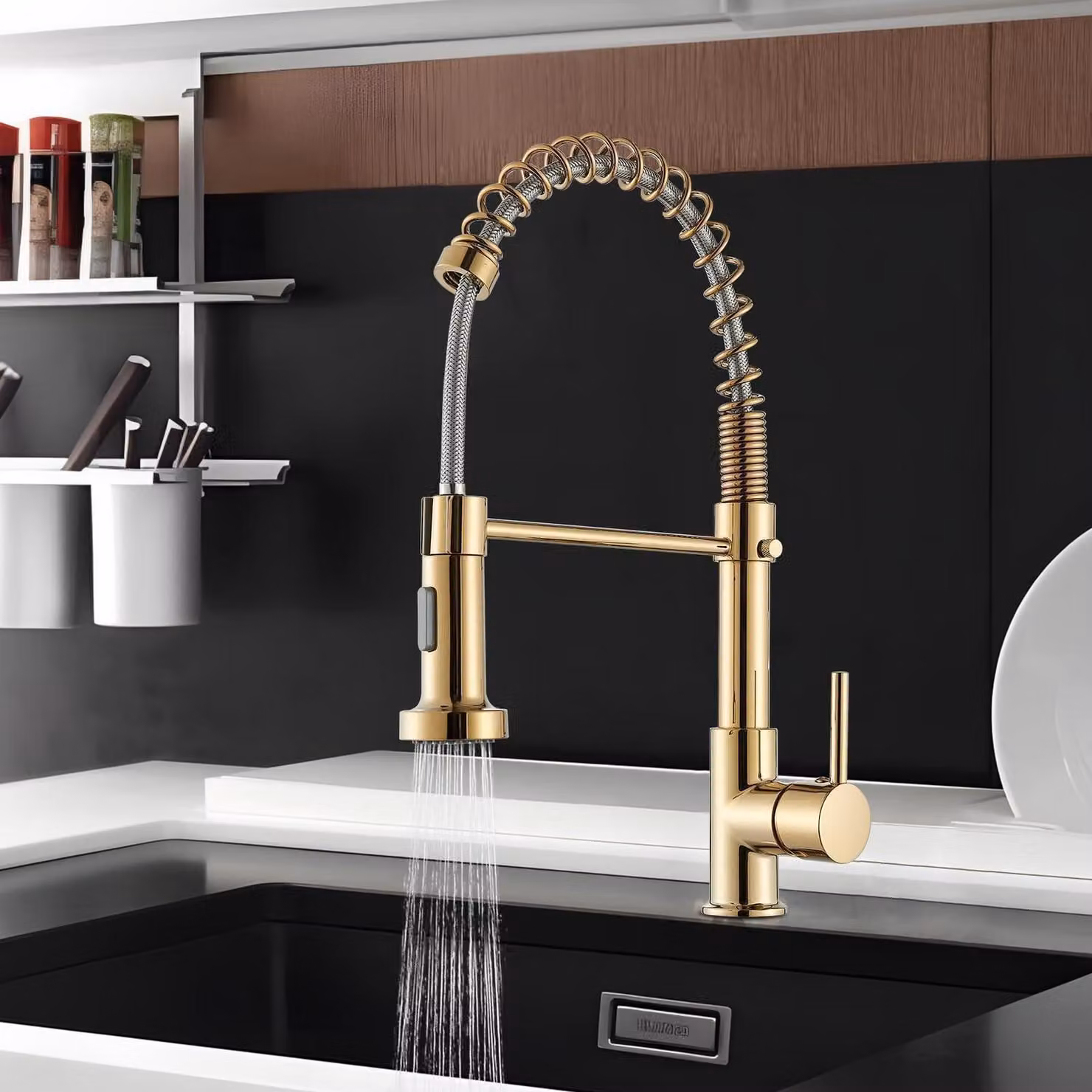 Miscelatore da cucina dorato, girevole a 360°, con 2 modalità di erogazione dell'acqua, in acciaio inossidabile, ad alta pressione