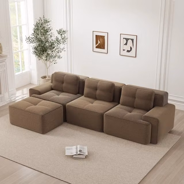 Divano modulare in corduroy con seduta profonda e base antiscivolo marrone