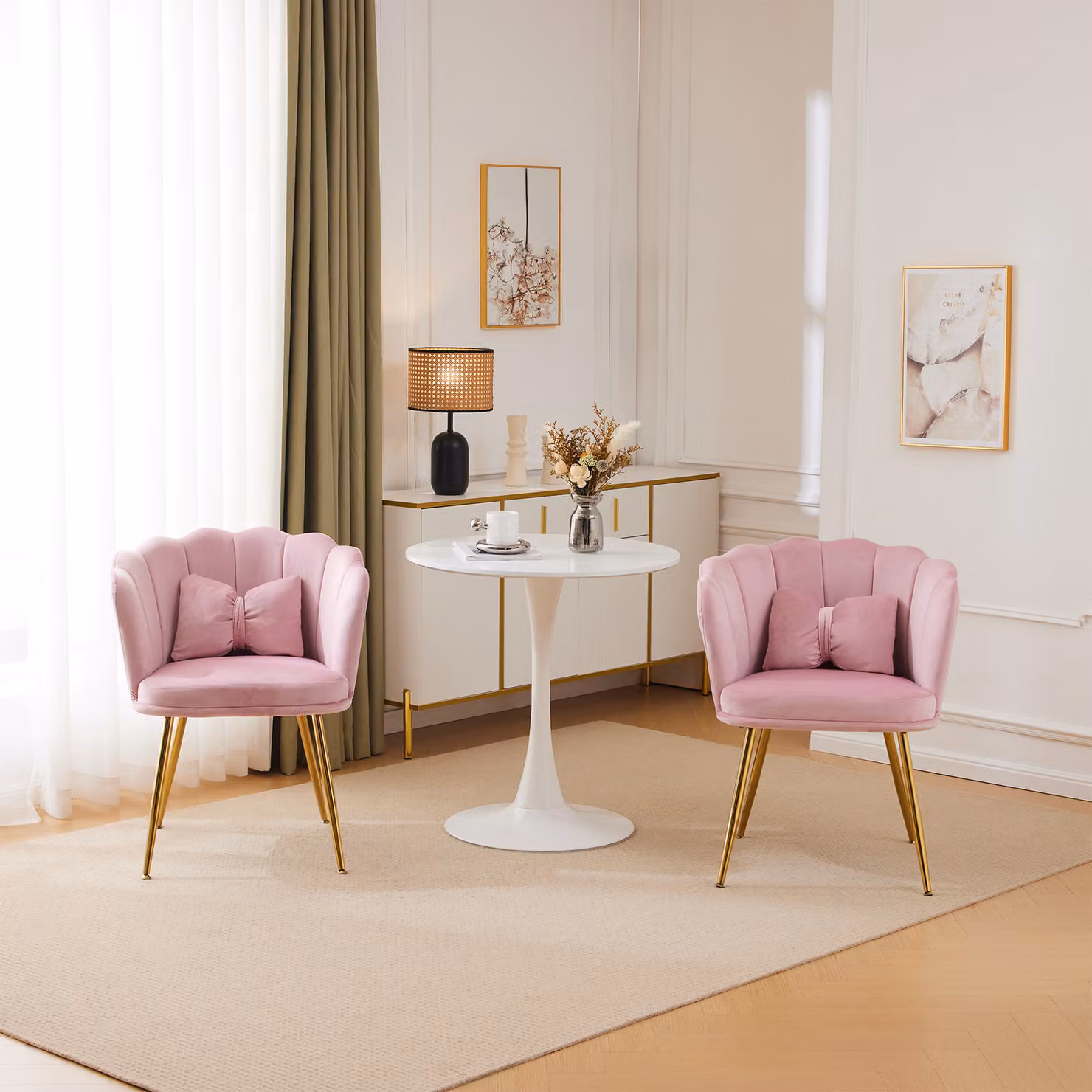 Sedia imbottita MERAX con cuscini decorativi a fiocco (2 pezzi), sedia da sala da pranzo sedia da soggiorno in velluto con schienale a petali e gambe in metallo dorato