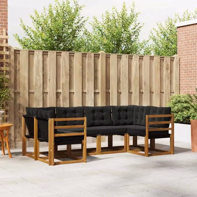 Set di divani da esterno a L vidaXL in legno di acacia con cuscini, 6 pezzi, Marrone e Nero – 1