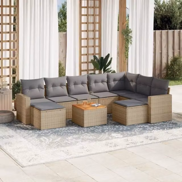 Set Divano da Giardino a Forma di U vidaXL in Polyrattan con Cuscini Beige e Grigio e Tavolino da Esterno – 1