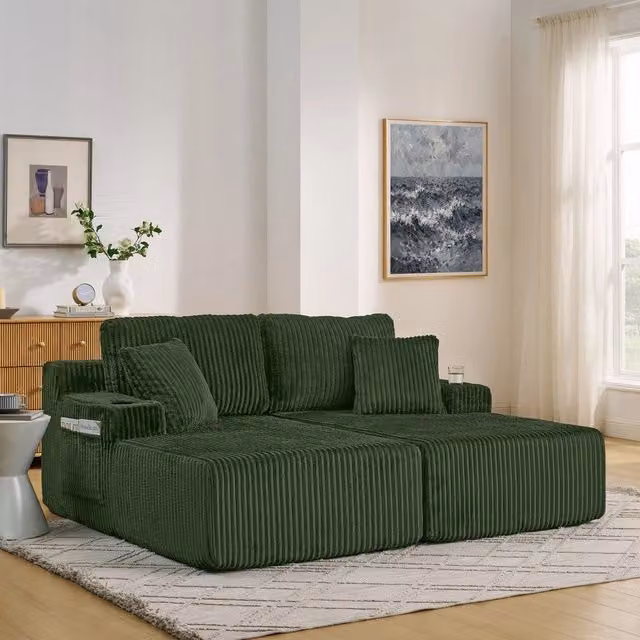 Divano Letto 2 Posti Relax ¨C Xylo ¨C Tessuto a Coste Verde con Cuscini e Poggiapiedi