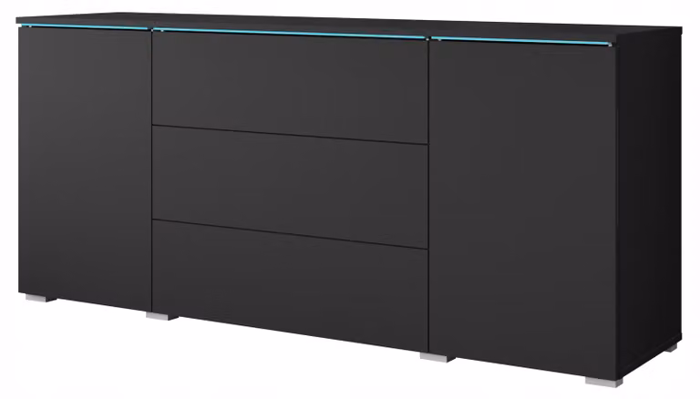 Comò moderno da soggiorno, 150 cm di larghezza, con 3 cassetti e 2 ante, finitura nera opaca