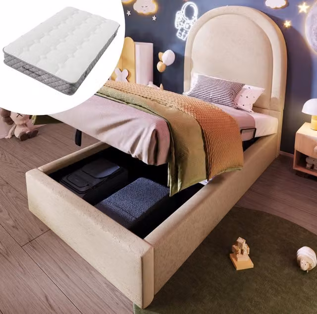 Letto singolo imbottito per bambini 90x200 cm con motivo cosmico beige in PU, con materasso ortopedico a 7 zone