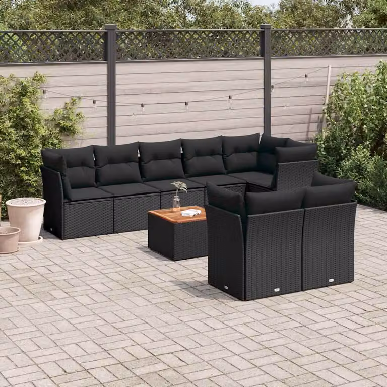 vidaXL Set Divani da Giardino 9 pz a L con Cuscini Nero in Polyrattan e Tavolino da Esterno