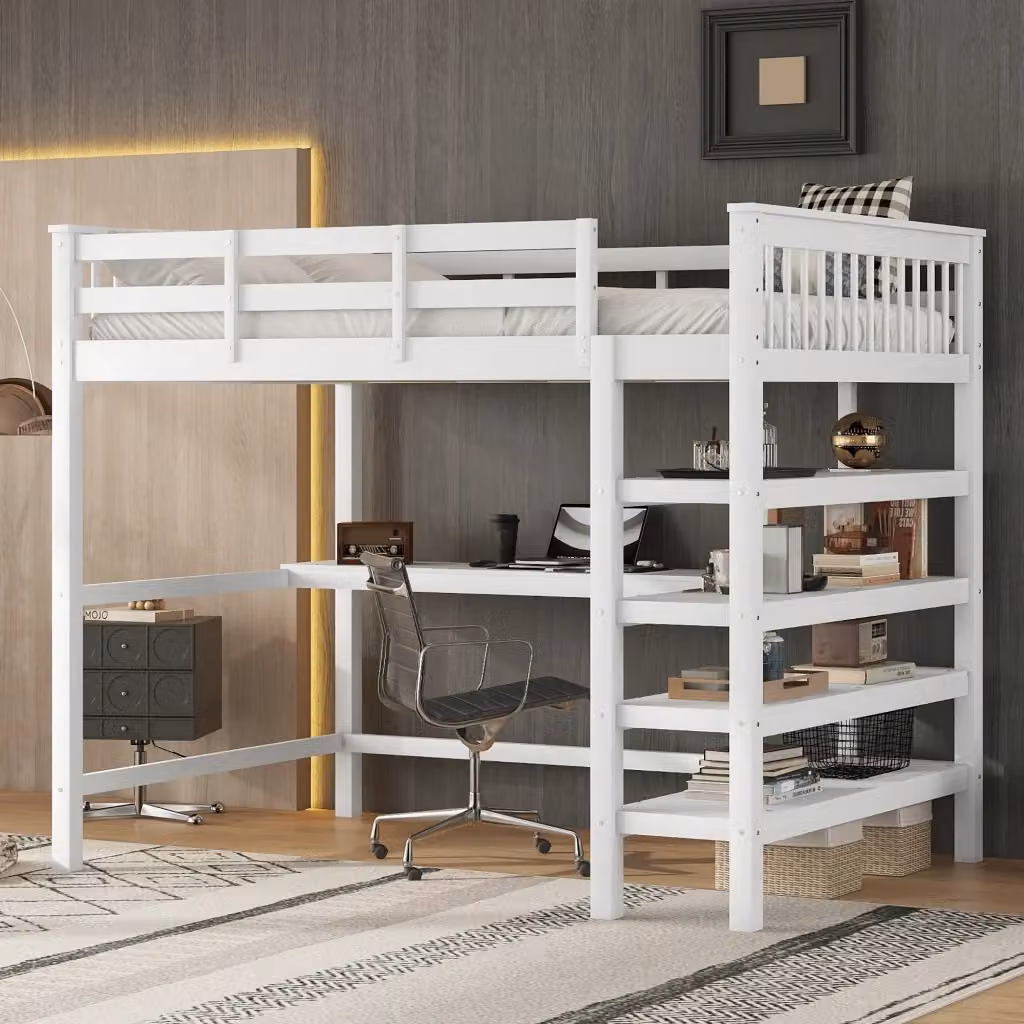 Letto a castello REDOM per bambini in legno e MDF bianco con ripiani laterali L/P/H: 207 x 140 x 149 cm – 2