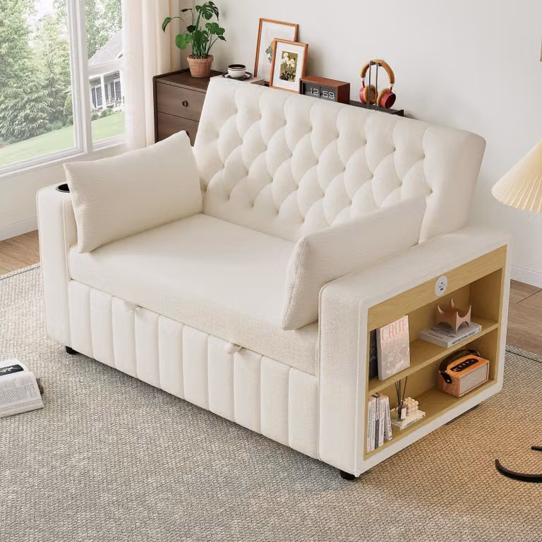 Divano letto STILVORA con cuscini e schienale regolabile, divano pieghevole con portabevande e porta USB, divano singolo con poltrona relax e tasca porta riviste, beige, tessuto in ciniglia