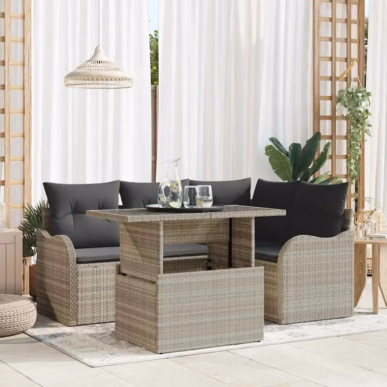 Set Divano da Giardino vidaXL 5 Pezzi a Forma di L Grigio con Cuscini e Tavolino da Caffè in Acciaio Verniciato a Polvere