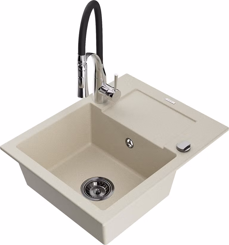 Mexen Enzo lavello in granito a 1 vasca con sgocciolatoio e rubinetto da cucina Aster, beige - 6506-69-73450-07-B