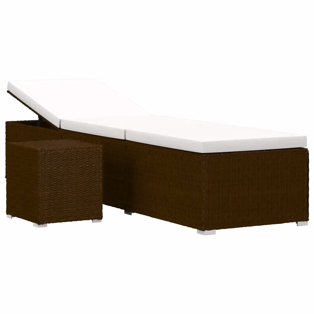 Lettino prendisole con cuscino e tavolino vidaXL in polyrattan marrone e bianco con poggiatesta regolabile e vassoio laterale – 2