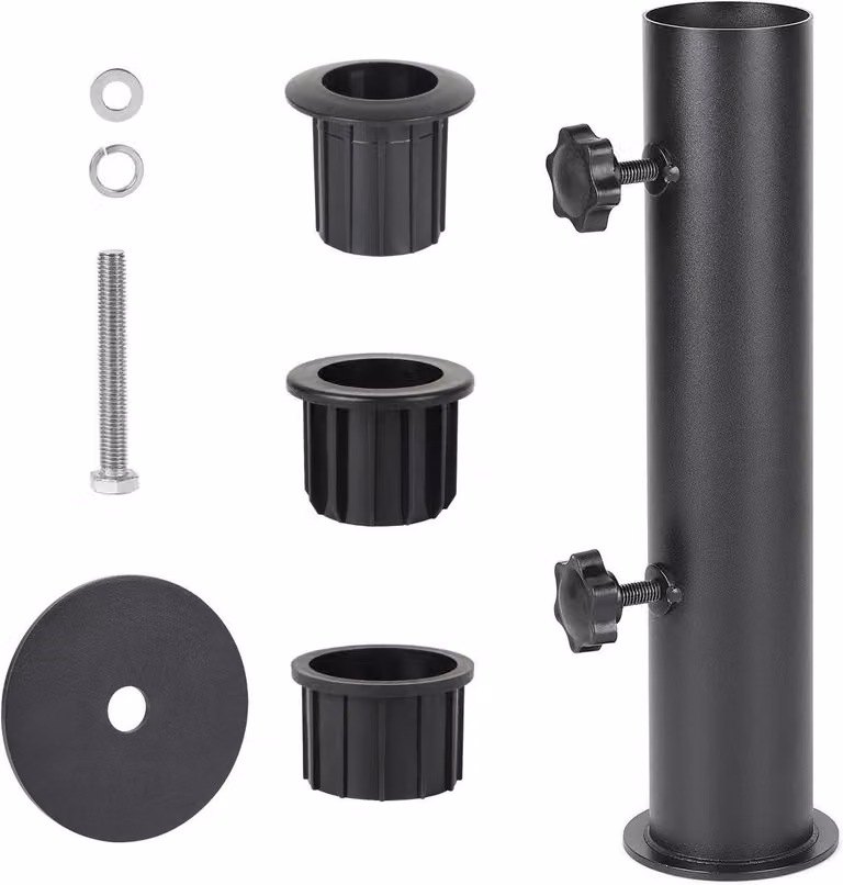 Supporto regolabile per ombrellone, con 3 adattatori di diverse dimensioni (28/38/48 mm) in colore nero, adatto a tubi di ombrellone di queste dimensioni