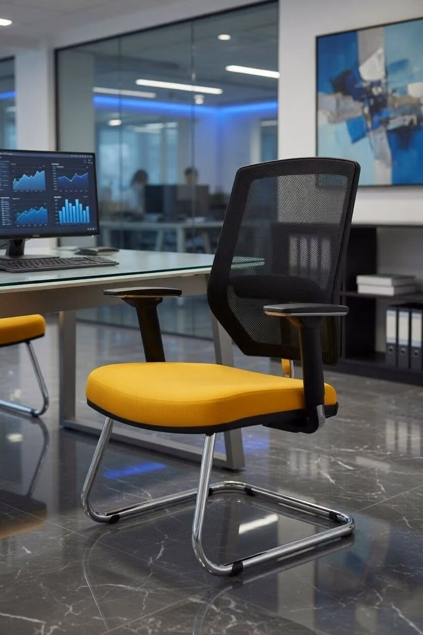 Sedia da ufficio gialla con braccioli ergonomici e rivestimento in rete