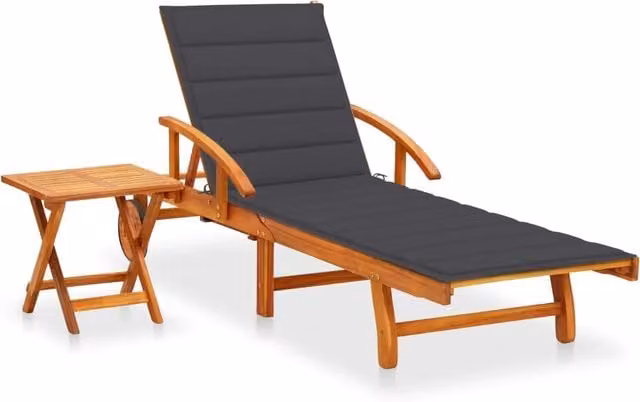 Lettino prendisole Outsunny in legno di acacia con cuscino grigio antracite e tavolino per giardino e patio