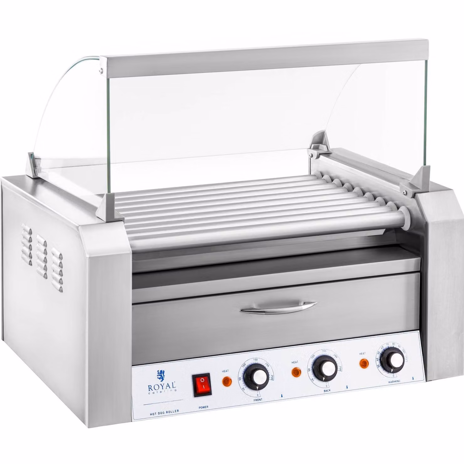 Expondo Royal Catering Griglia per hot dog - 9 rulli - Cassetto scaldavivande - Acciaio inossidabile