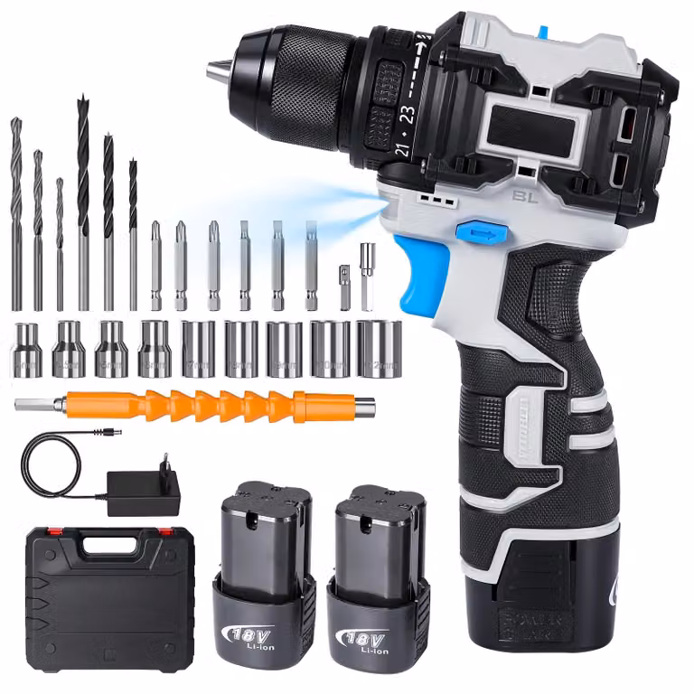 Trapano avvitatore a batteria - 18 V - 50 Nm - Motore brushless - 23+1 livelli di coppia - Diametro di foratura: 10 mm - 2 batterie