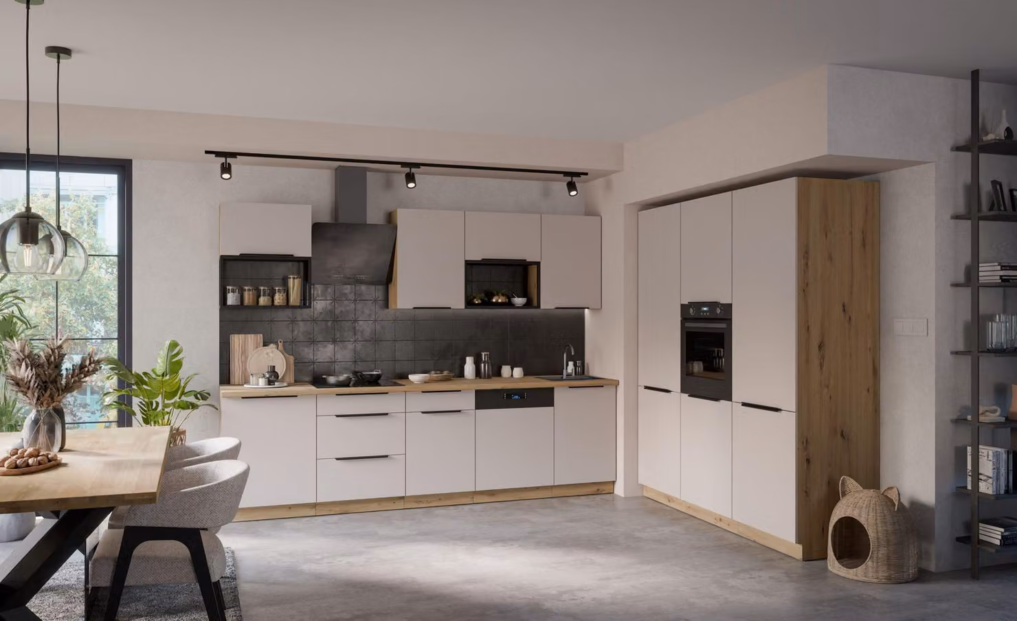 Cucina SOLANO LOFT 280 + 180 cm Cucina a vista Cucina componibile Cucina componibile Cashmere beige opaco + Rovere Artisan opaco
