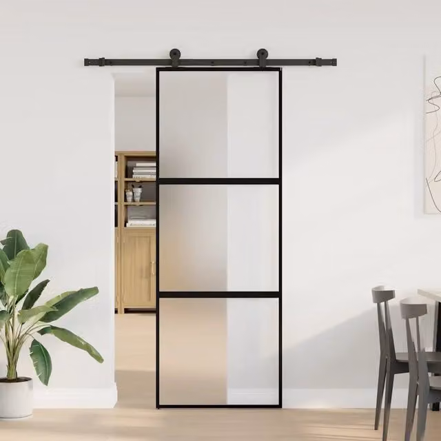 Porta Scorrevole Moderna vidaXL in Alluminio e Vetro Trasparente Nero L: 76 cm, H: 205 cm