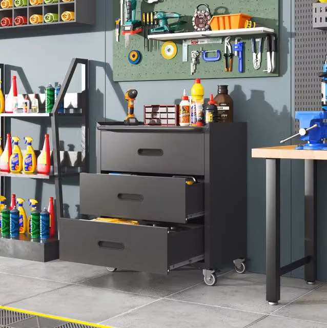 Cassettiera portautensili ULEVR 75x42x88 cm con 3 cassetti XXL e ruote bloccabili, metallo nero